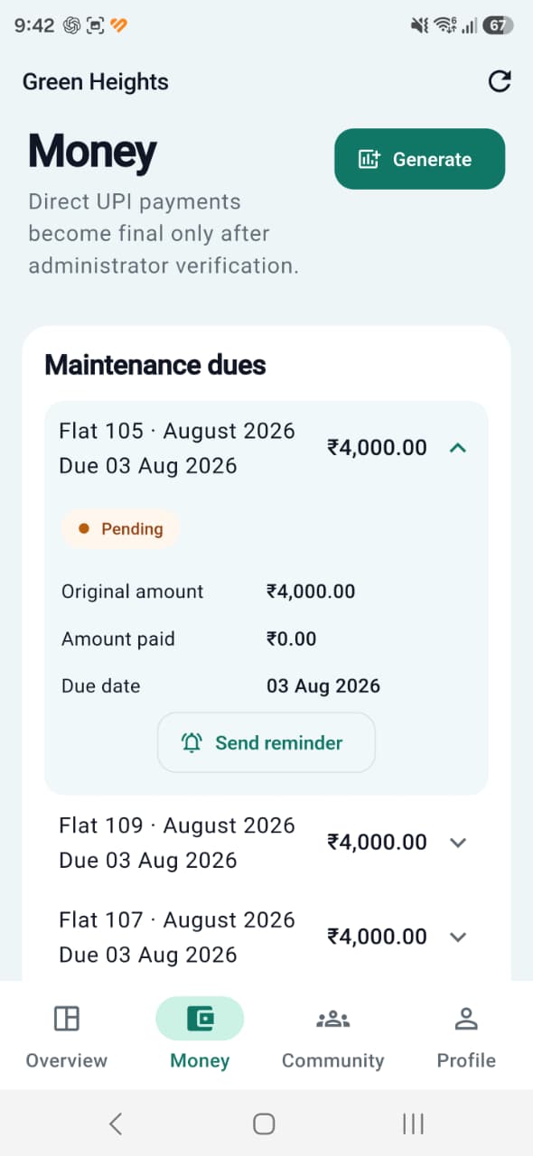 GrihaSetu mobile screen showing maintenance dues, pending status, and a reminder action.